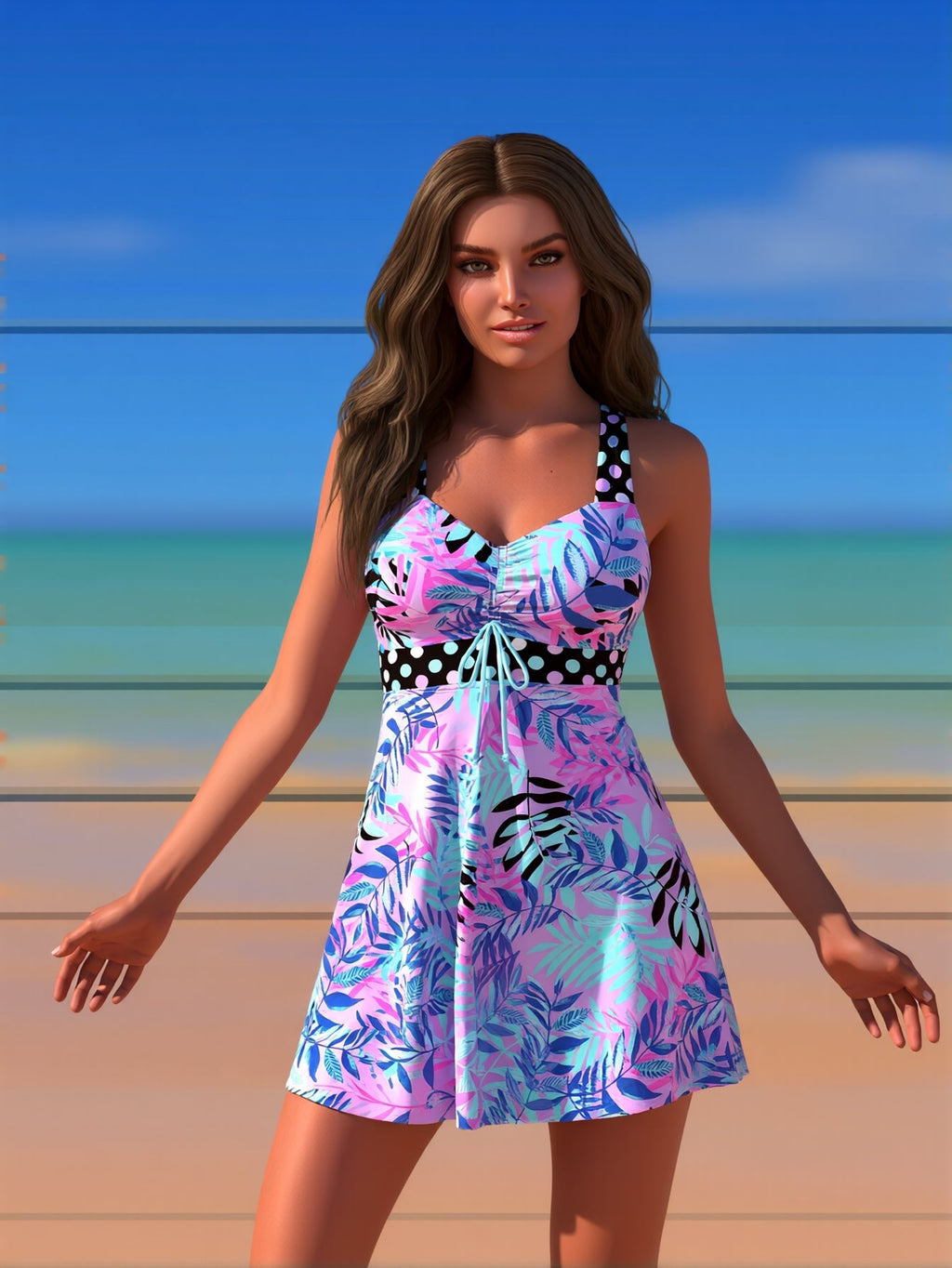 Women's high-neck tankini swimsuit with adjustable straps in plus size, featuring a supportive fit and stylish design from FitiqueFit.