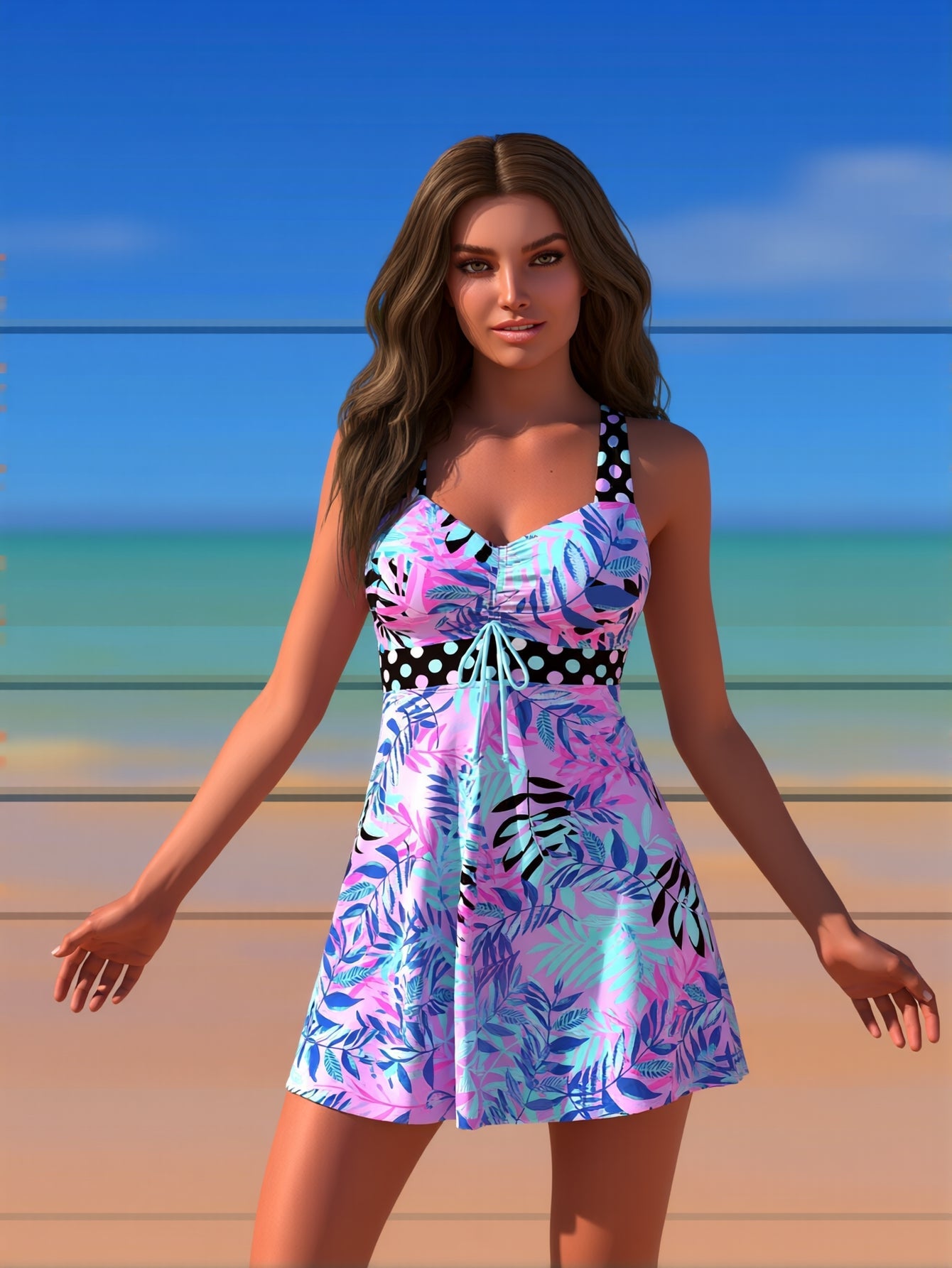 Women's high-neck tankini swimsuit with adjustable straps in plus size, featuring a supportive fit and stylish design from FitiqueFit.