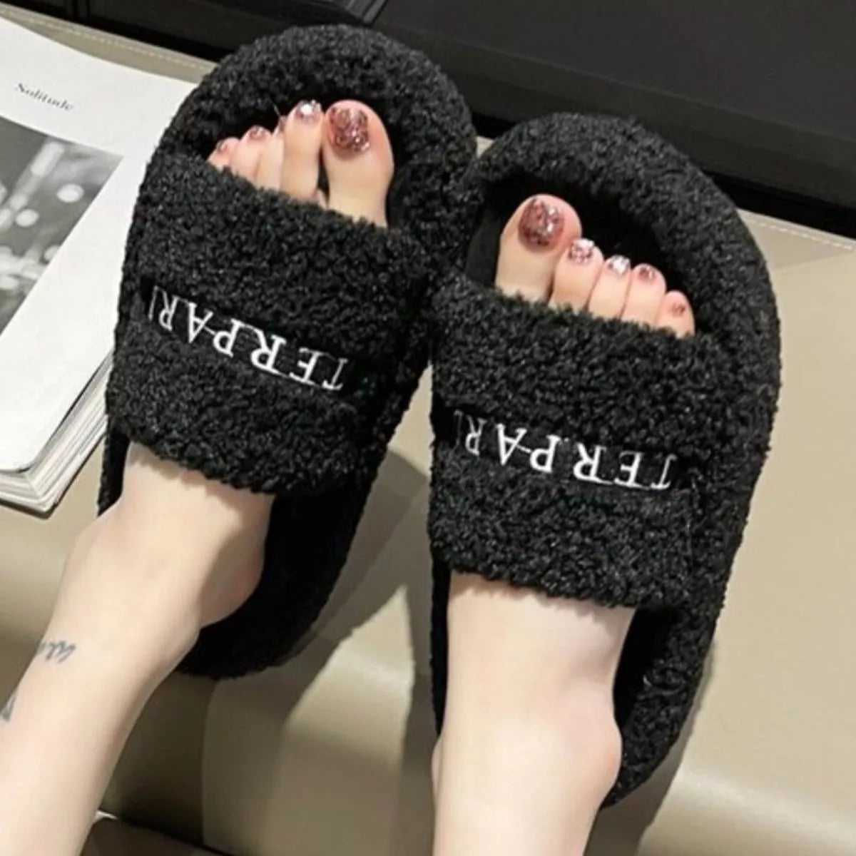 Simply Love fuzzy plush open toe slippers with soft, cozy material and open toe design for comfortable indoor wear