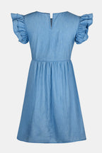 VYSN full size denim dress with ruffled round neck, cap sleeves, and a stylish casual design.