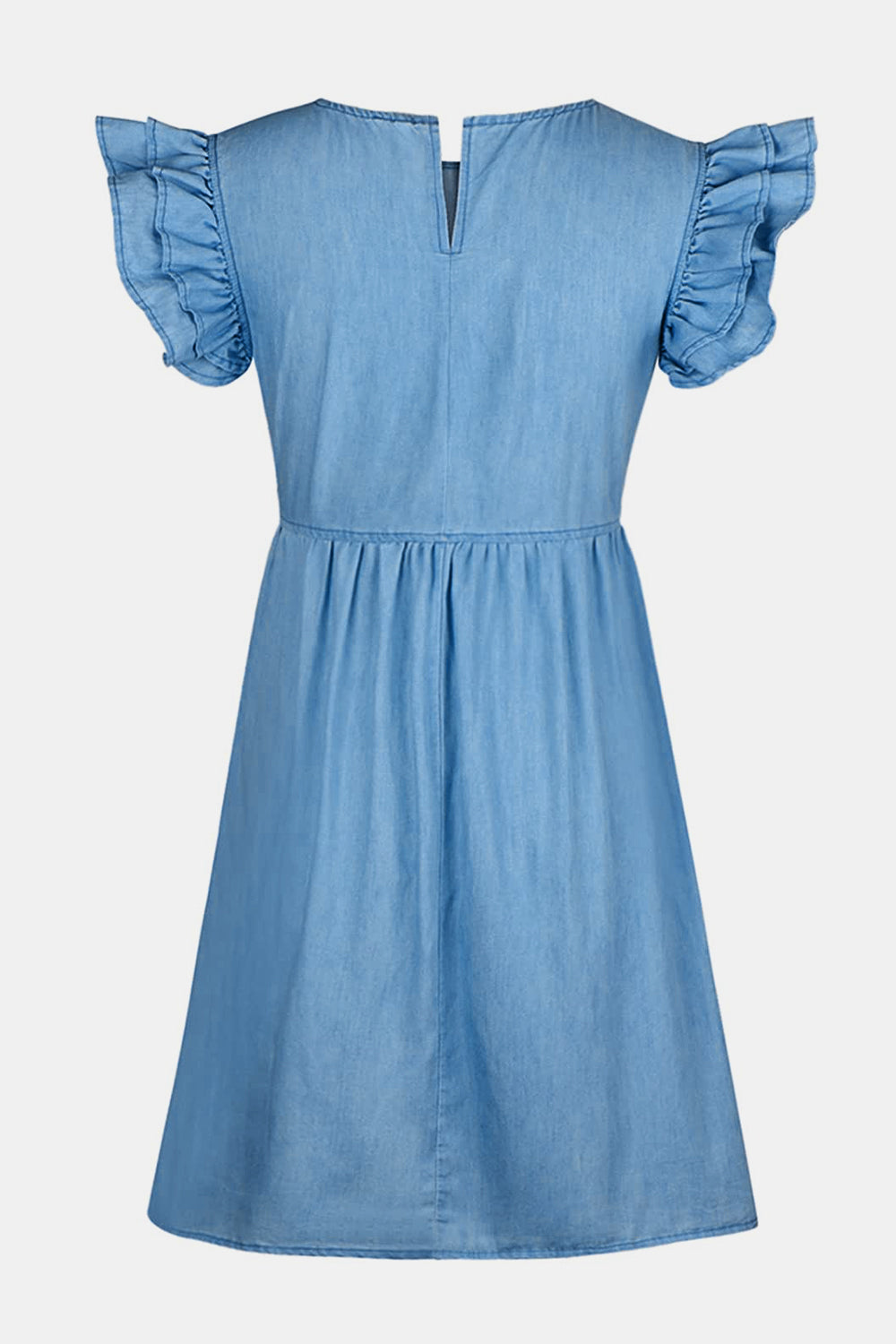 VYSN full size denim dress with ruffled round neck, cap sleeves, and a stylish casual design.