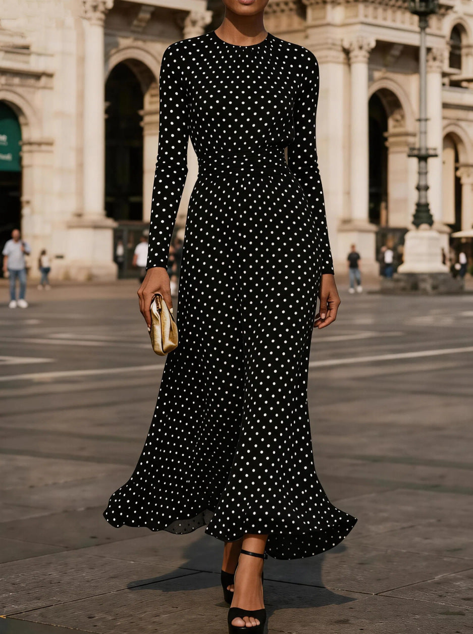Round neck long sleeve polka dot sheath dress by FitiqueFit, featuring a fitted silhouette and classic pattern.