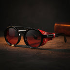 Retro round leather frame sunglasses from Plush Fashion Hub, vintage eyewear with classic leather accents and tinted lenses.