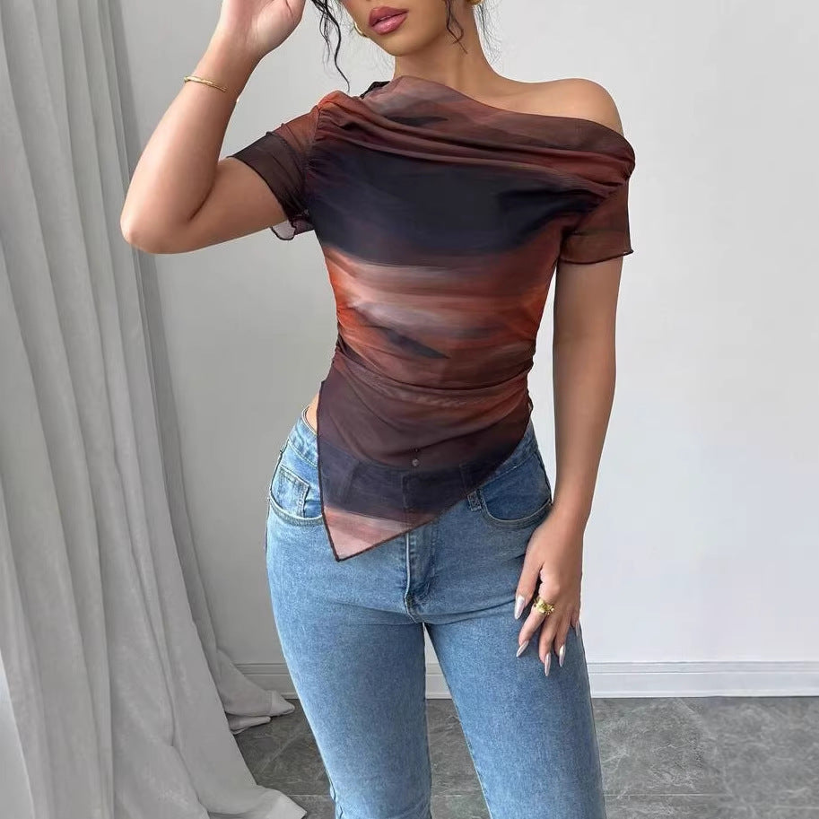 Women’s tie-dye one-shoulder mesh ruched top by Plush Fashion Hub, stylish asymmetrical stretch tee for casual outings.