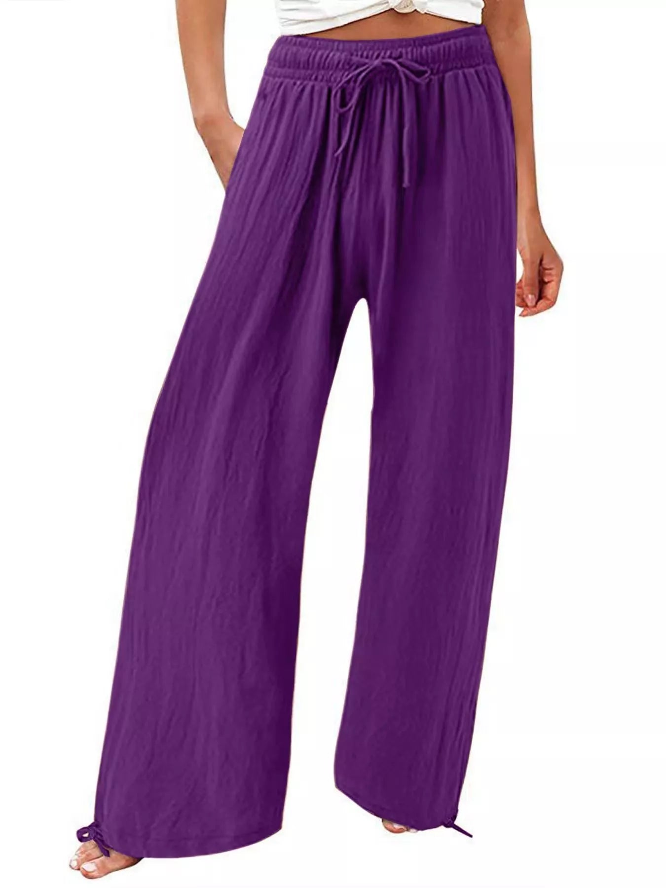 Plus size wide leg pants with drawstring waist from Shopimist, full-length, comfortable casual trousers on a model.