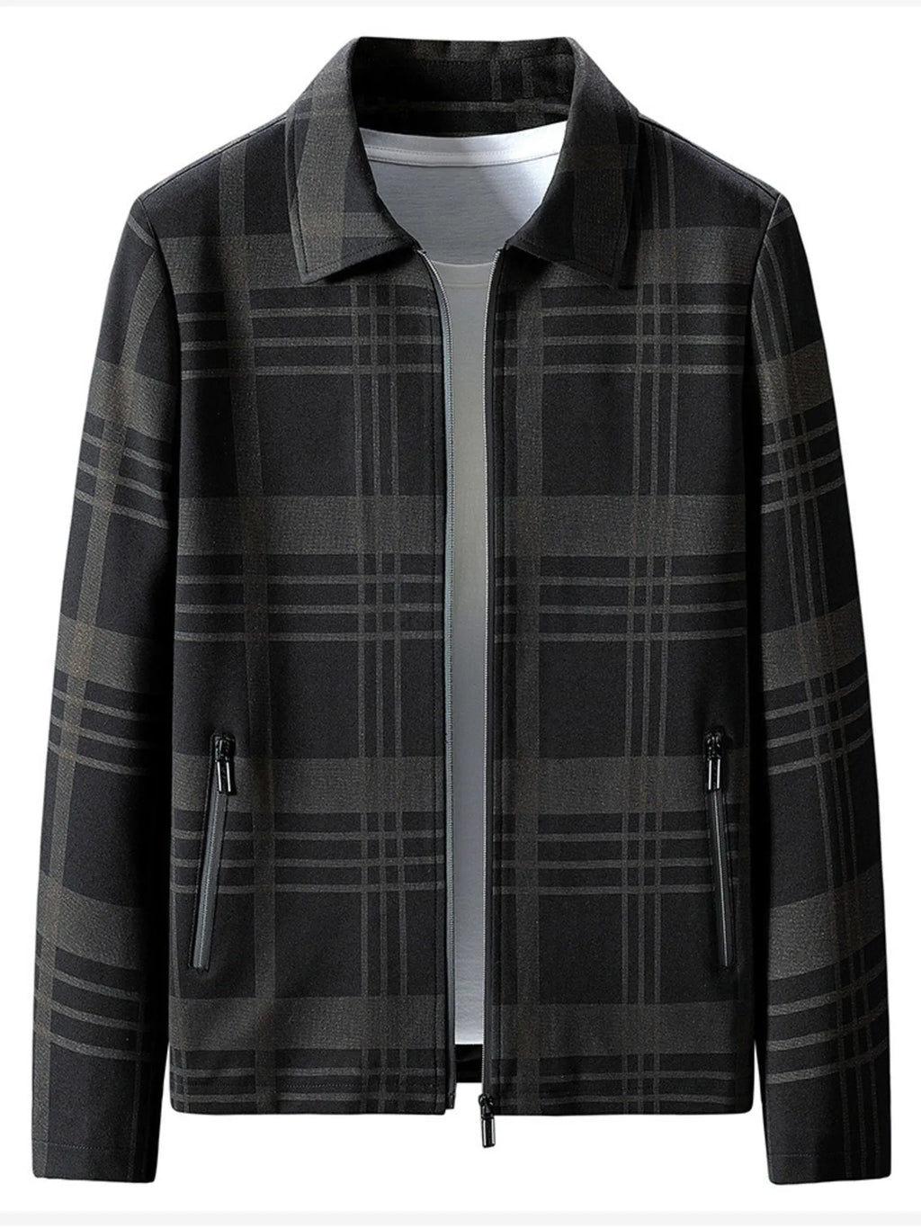 Plus size men's plaid zip-up jacket by Shopimist, featuring a stylish checkered pattern and front zipper closure.