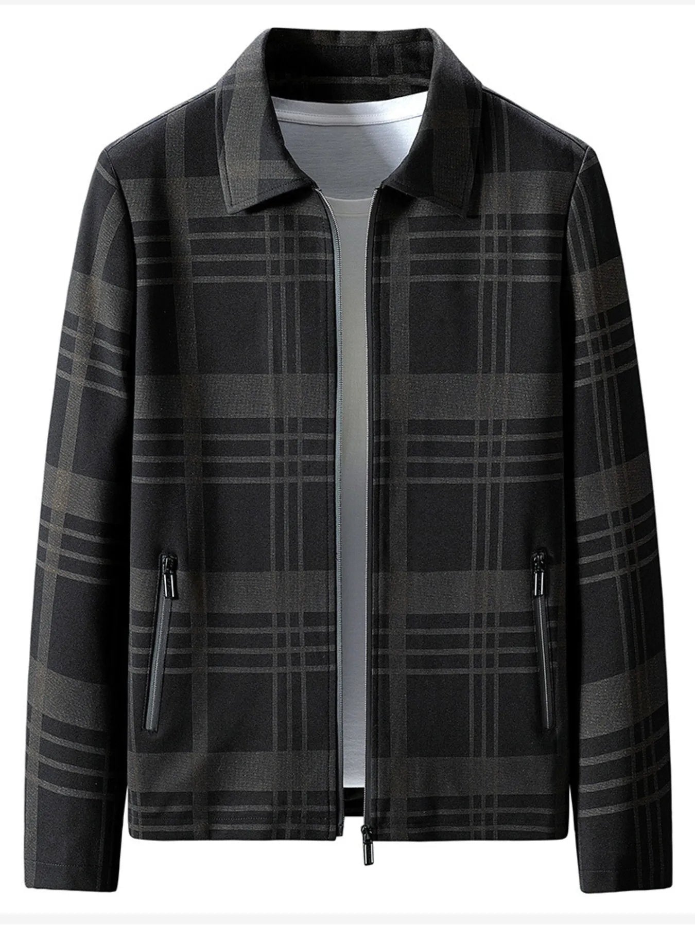 Plus size men's plaid zip-up jacket by Shopimist, featuring a stylish checkered pattern and front zipper closure.