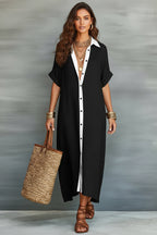 Color-block Plush Fashion Hub maxi dress for women with loose fit, long length, button-front design, and contrast collar.
