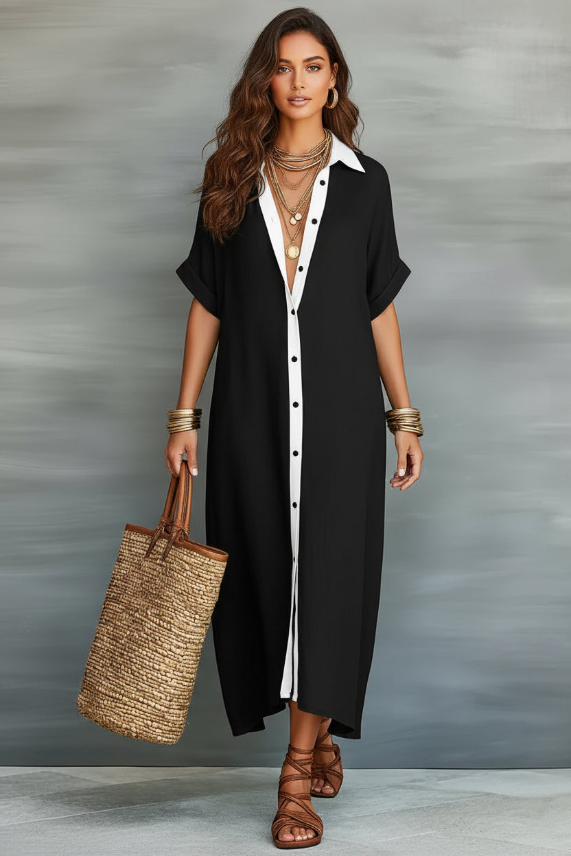Color-block Plush Fashion Hub maxi dress for women with loose fit, long length, button-front design, and contrast collar.