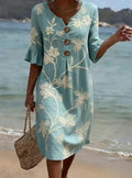 Women's FitiqueFit resort V-neck coconut print casual dress with loose fit and three-quarter sleeves, perfect for summer wear.