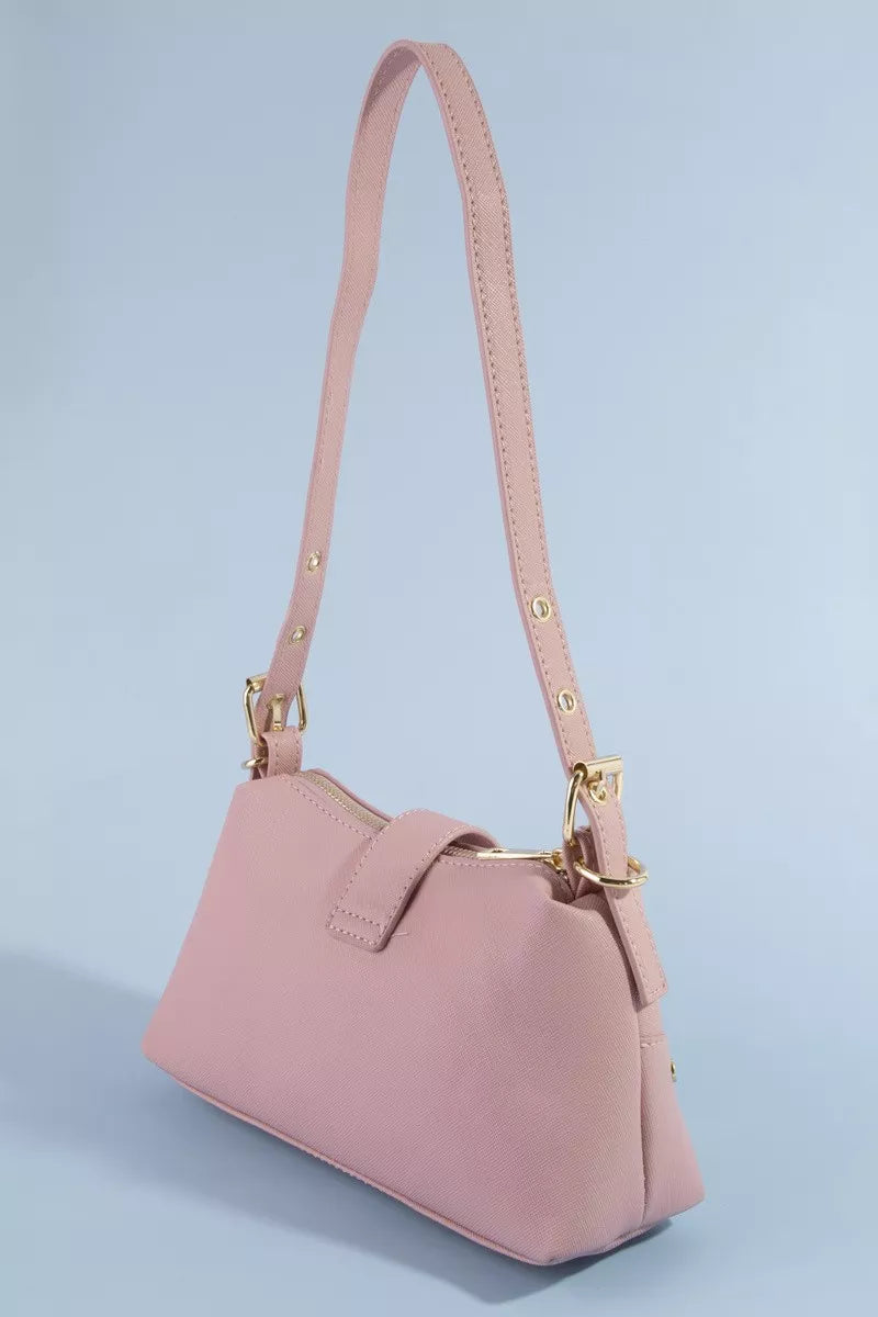 Fame studded saffiano buckle strap shoulder bag by Shopimist with metallic embellishments and textured saffiano leather.