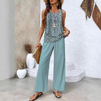 Women's 3D print vest and pants set by FitiqueFit, featuring vibrant two-piece design with bold print patterns.