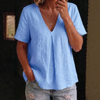 Women's pleated cotton-linen short-sleeve shirt by FitiqueFit in 5 colors, showcasing a stylish, lightweight top with a pleated design.