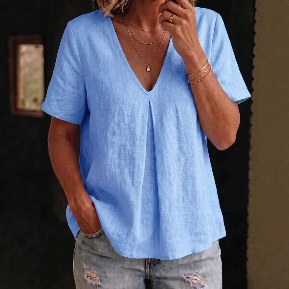 Women's pleated cotton-linen short-sleeve shirt by FitiqueFit in 5 colors, showcasing a stylish, lightweight top with a pleated design.