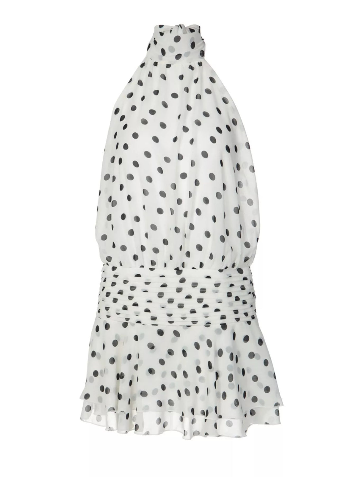 Polka dot halter neck ruffle dress by Plush Fashion Hub, featuring a stylish halter design and playful ruffle details.