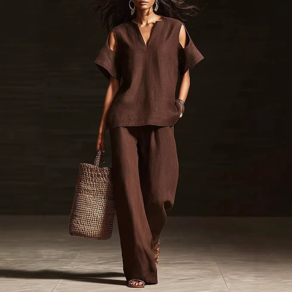 FitiqueFit V-neck short sleeve top and straight-leg pants two-piece set with ripped details and pockets in solid color.
