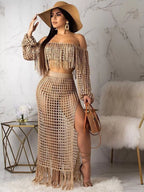 Plus size crochet off-shoulder fringe top and skirt set by Shopimist, featuring a stylish two-piece crochet outfit.