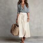 FitiqueFit button-down shirt and straight skirt two-piece set, showcasing the stylish, coordinated outfit on a model.