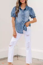 Frilled Short Sleeve Snap Button Denim Shirt