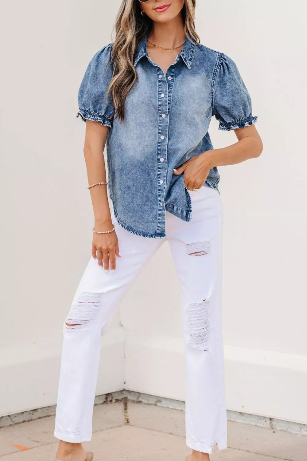 Plush Fashion Hub denim shirt with frilled short sleeves and snap buttons, featuring a casual, stylish design.