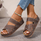 Women's open toe platform flat sandals with comfortable PU leather straps, perfect for summer casual wear.