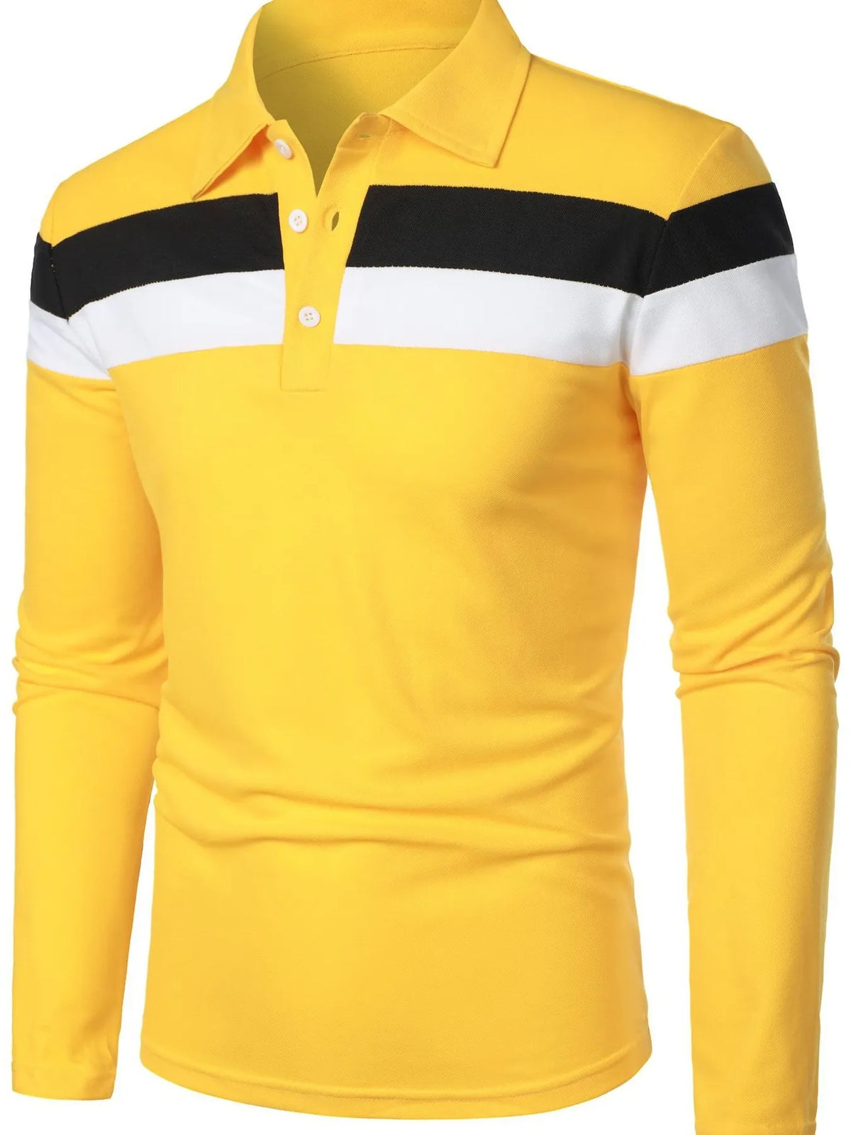 Men's full size color block long sleeve polo shirt by Trendsi, featuring a vibrant color block design and classic polo style.