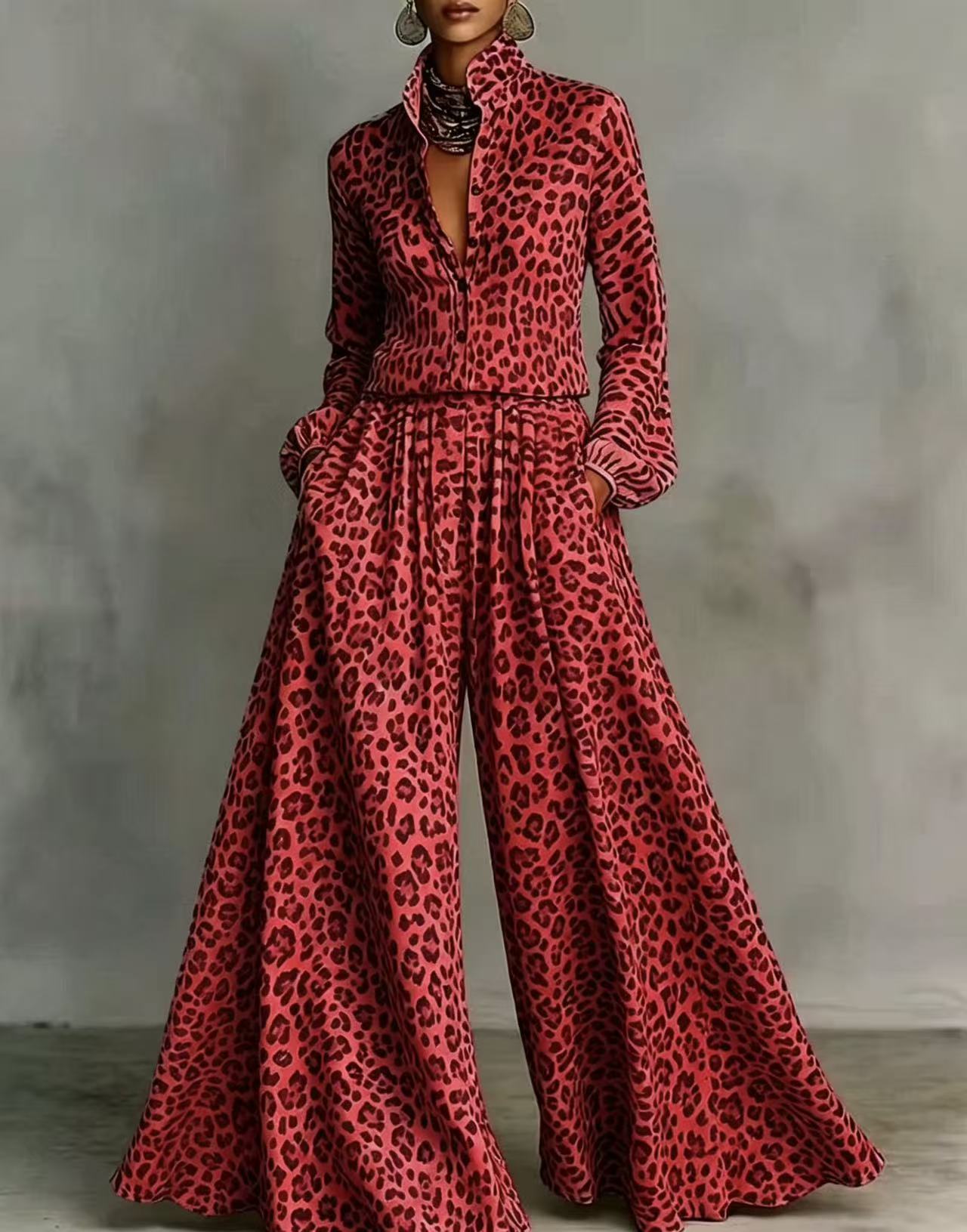 Leopard print wide-leg pants set for women, casual two-piece outfit from Plush Fashion Hub, featuring relaxed fit and bold animal print.
