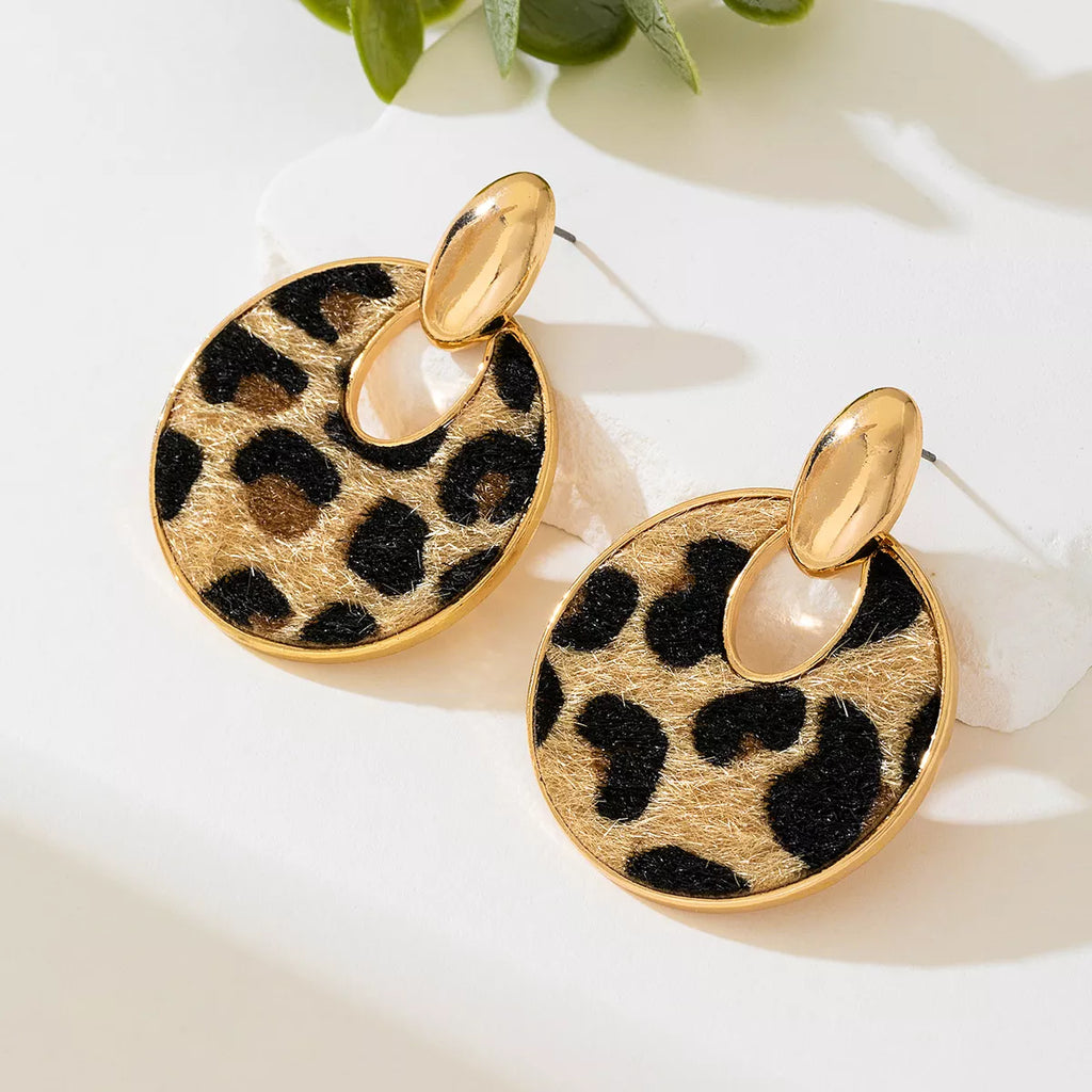 Leopard circle dangle earrings by Shopimist featuring gold-tone metal and bold leopard print design.
