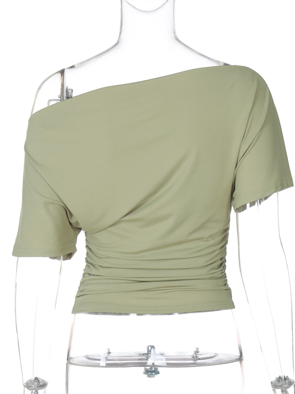 Women's one shoulder ruched short sleeve T-shirt by Trendsi, stylish chic stretch top with fitted design and ruched detailing.
