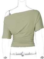 Women's one shoulder ruched short sleeve T-shirt by Trendsi, stylish chic stretch top with fitted design and ruched detailing.