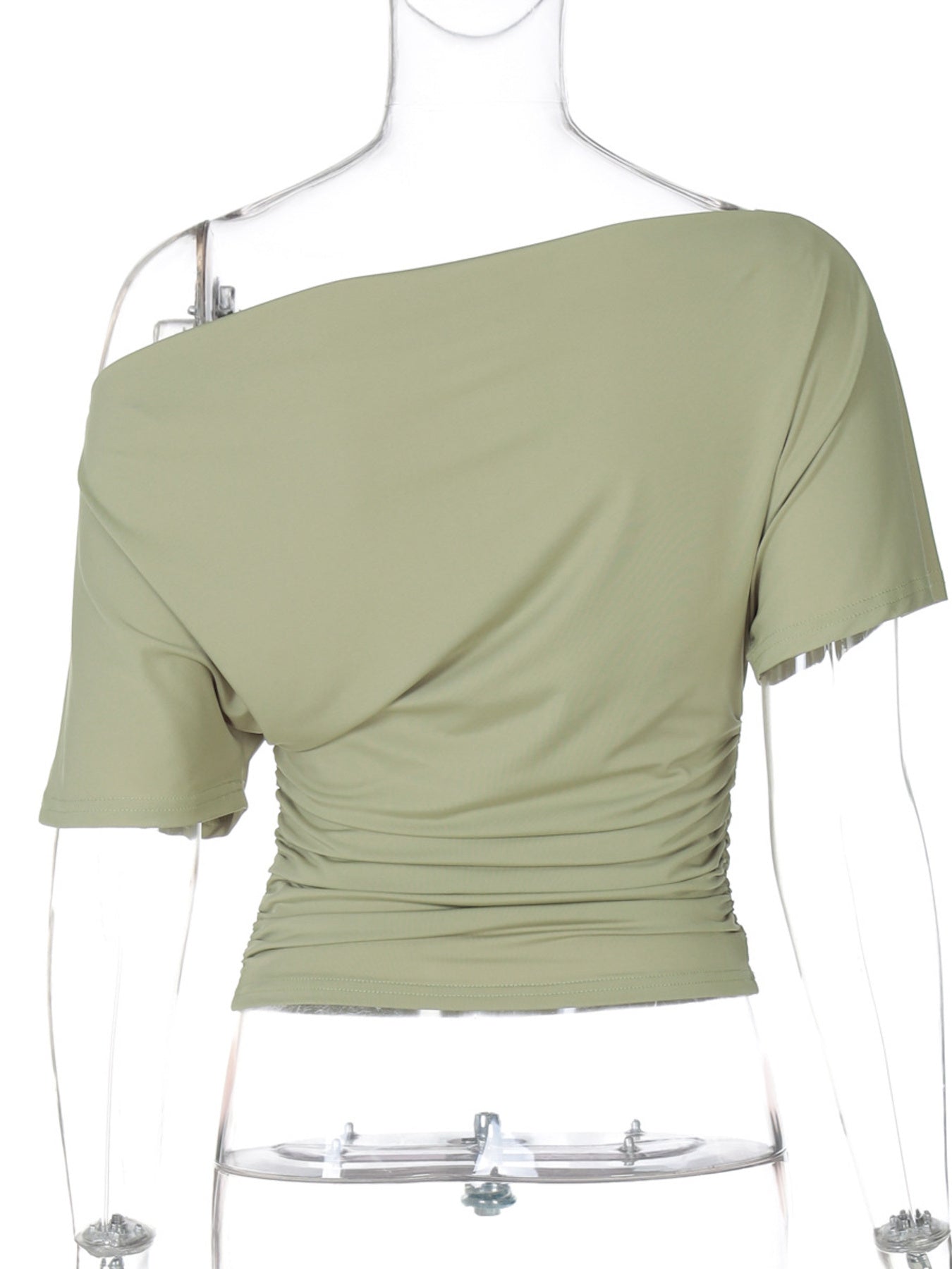 Women's one shoulder ruched short sleeve T-shirt by Trendsi, stylish chic stretch top with fitted design and ruched detailing.