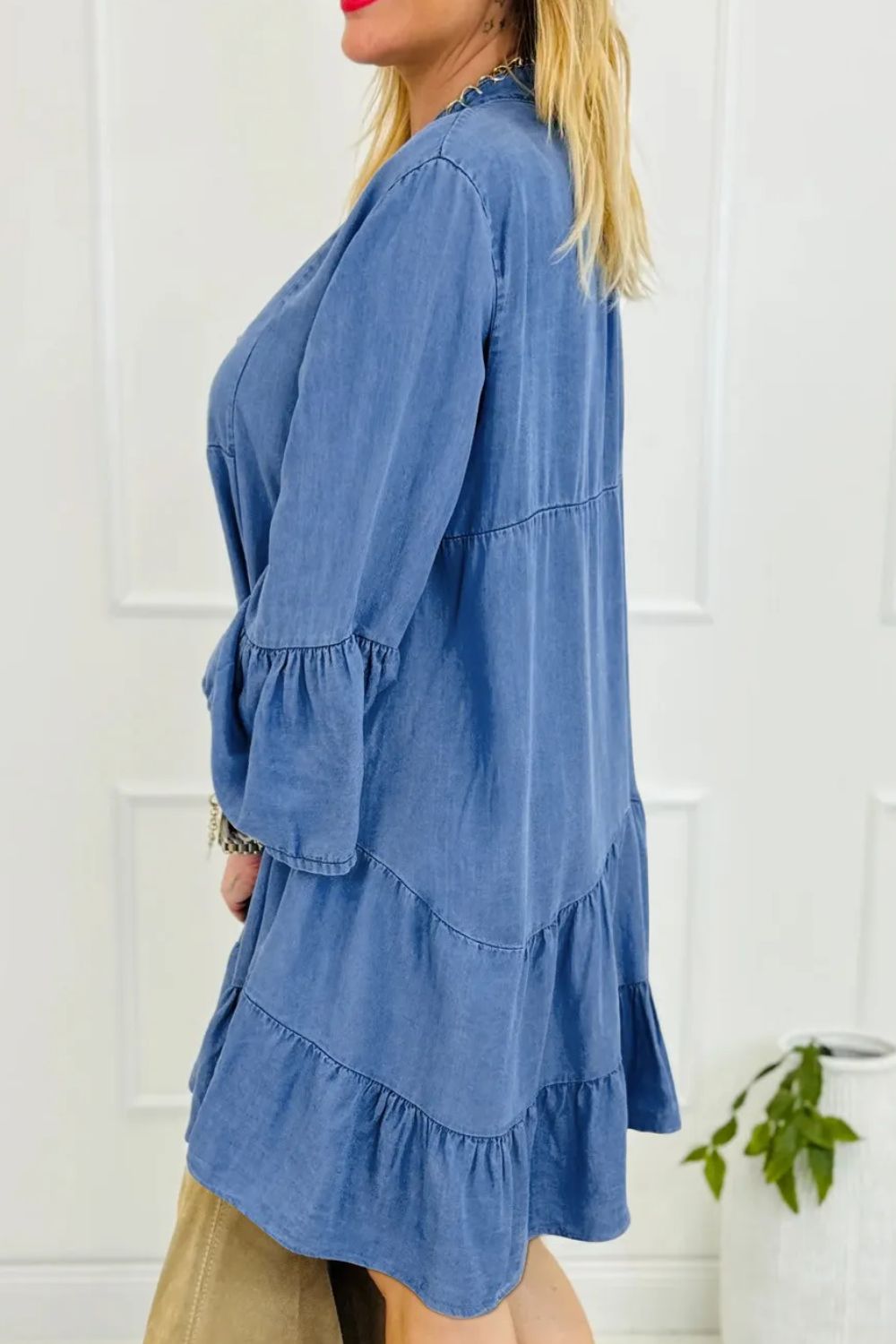 Notched flare sleeve denim dress by Plush Fashion Hub, featuring a fitted bodice and flared skirt with stylish notch detailing.