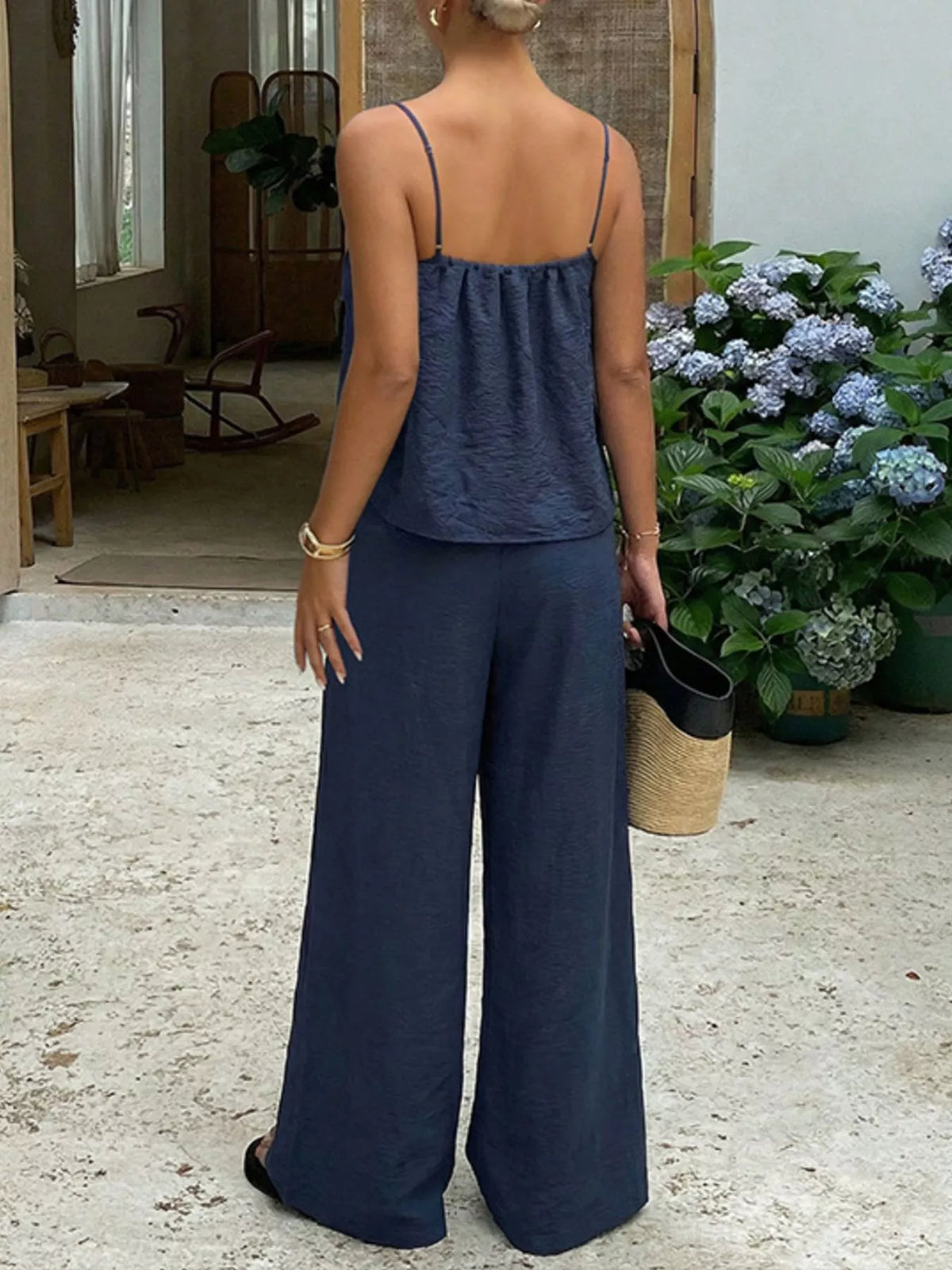 Lace trim cami top and wide-leg pants matching set from Plush Fashion Hub, stylish and comfortable for casual wear.