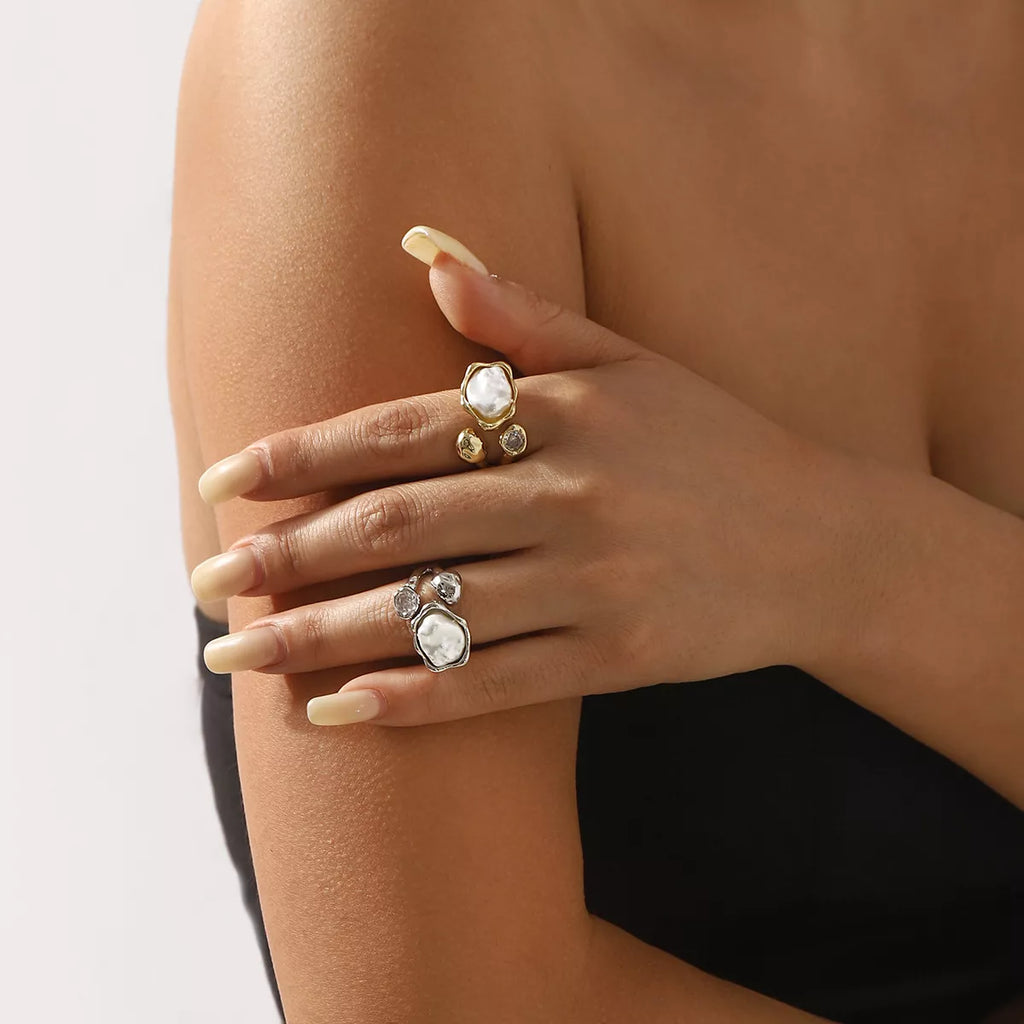 Silver iridescent pearl open ring with irregular-shaped pearl detail, crafted by Shopimist.