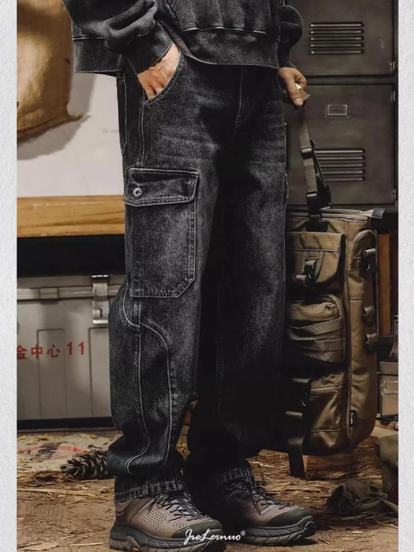 Men's washed wide-leg cargo jeans by Trendsi, featuring a relaxed fit with multiple pockets and a distressed denim look.