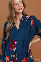 Umgee floral print tiered midi dress with puff sleeves, lightweight and flowy, perfect for spring or summer wear.