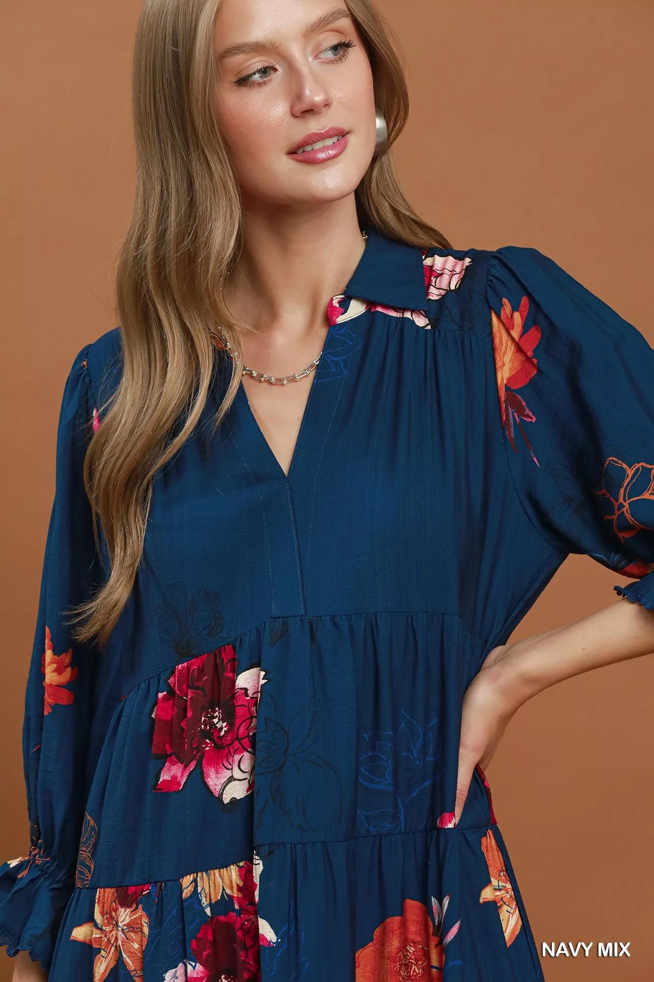 Umgee floral print tiered midi dress with puff sleeves, lightweight and flowy, perfect for spring or summer wear.