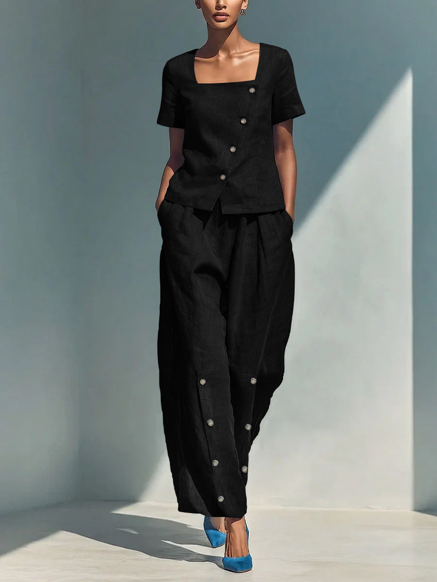 Plus size women's casualwear set with loose short-sleeve top and high-waist pants by FitiqueFit, shown in a relaxed fit style.