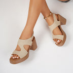 Women's open toe block heel sandals with strappy design, comfortable dress shoes by Trendsi, shown in a stylish footwear image.
