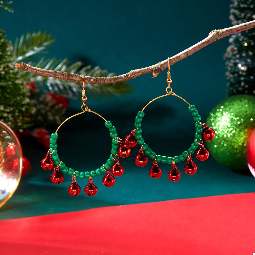 Shopimist Christmas beaded hoop earrings with jingle bells, featuring festive beads and small bells for holiday cheer.