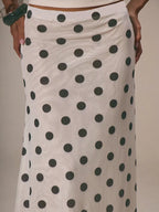 Women's vintage-inspired polka dot midi skirt by Trendsi, high-waisted A-line design, perfect for retro fashion looks.