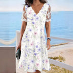Women's floral lace high-waist A-line midi dress with flounce neckline by FitiqueFit, featuring a feminine floral pattern and elegant silhouette.