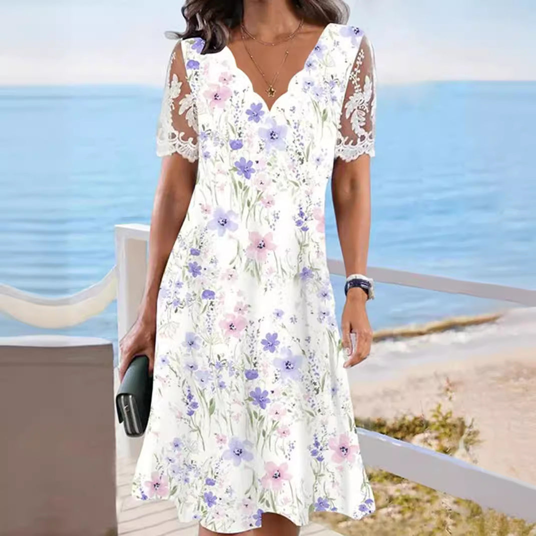 Women's floral lace high-waist A-line midi dress with flounce neckline by FitiqueFit, featuring a feminine floral pattern and elegant silhouette.