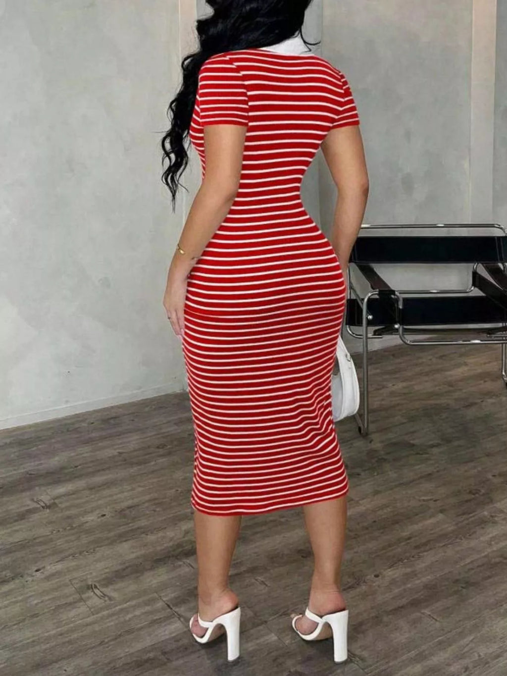 Shopimist striped polo collar midi dress featuring a fitted silhouette, vertical stripes, and a classic collar for a stylish look.