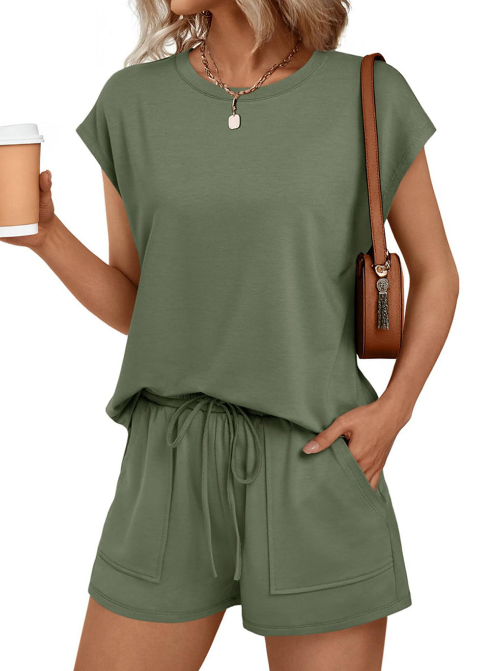 Women's soft round neck cap sleeve lounge set with drawstring shorts, made by Plush Fashion Hub, featuring comfortable casual wear.