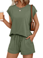 Women's soft round neck cap sleeve lounge set with drawstring shorts, made by Plush Fashion Hub, featuring comfortable casual wear.