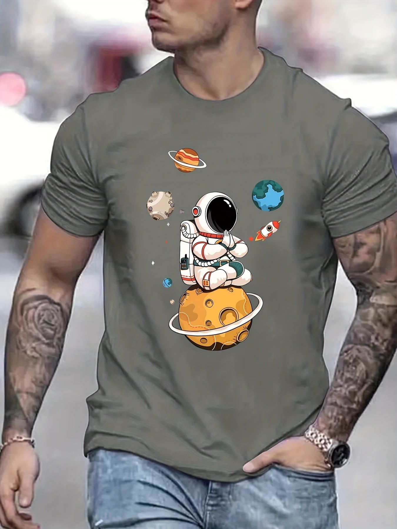 Men’s astronaut graphic streetwear shirt by Plush Fashion Hub featuring a space-themed astronaut design on casual fabric.