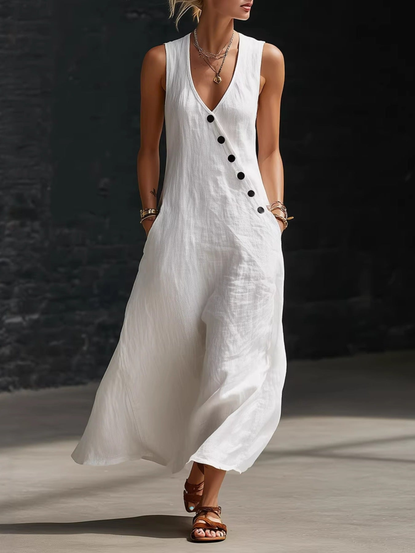 Women's sleeveless button-down midi dress by Trendsi featuring an elegant A-line casual design, perfect for everyday wear.