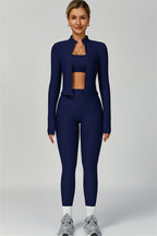 Fitglutes Activewear sports bra, jacket, and leggings 3-piece set, stylish workout clothes for women, shown laid flat.