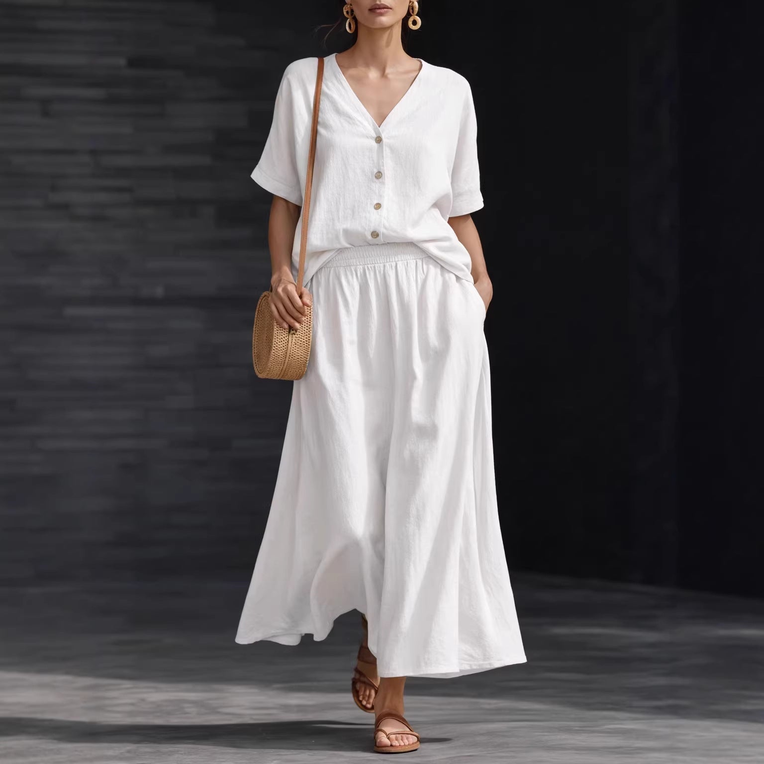 Women's casualwear V-neck button-up top and long skirt set by FitiqueFit, featuring a stylish, comfortable design.